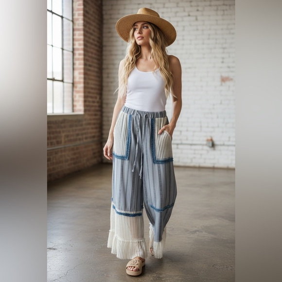 POL Pants - NWT POL Clothing Boho Bohemian Striped Crochet Mesh Patchwork Wide Leg Pants